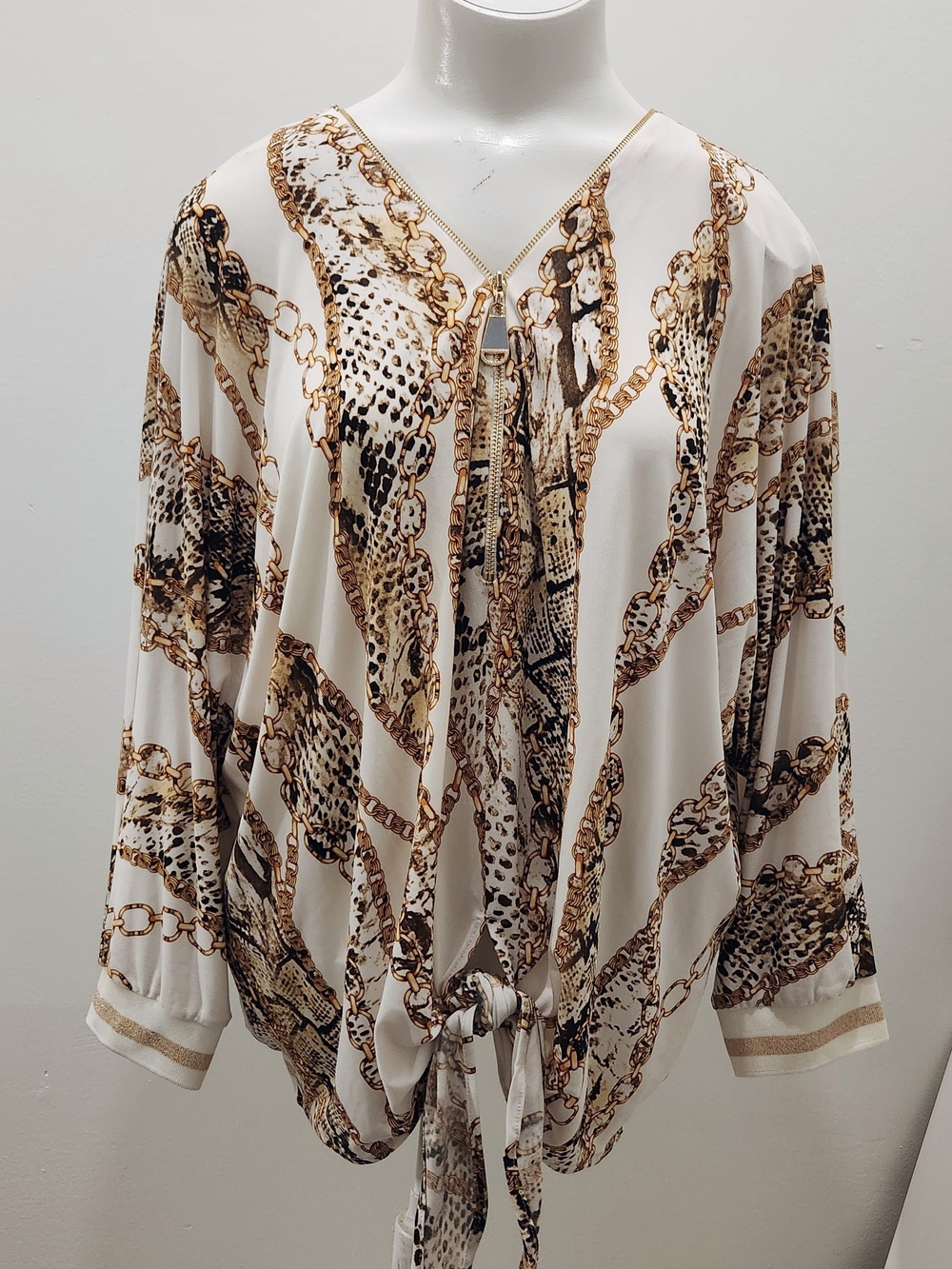 Frank Lyman Design Cream Chain & Animal-Print Tie-Front Blouse